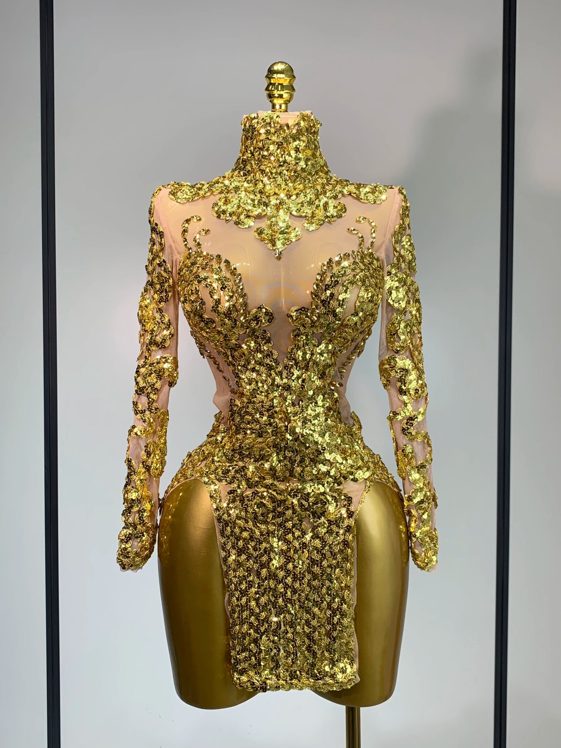 Women Long Sleeve Sexy Shinning Sequins Bodycon Mini Dress Mesh See Through Celebrate Birthday Evening Party Club Stage Outfit Gold