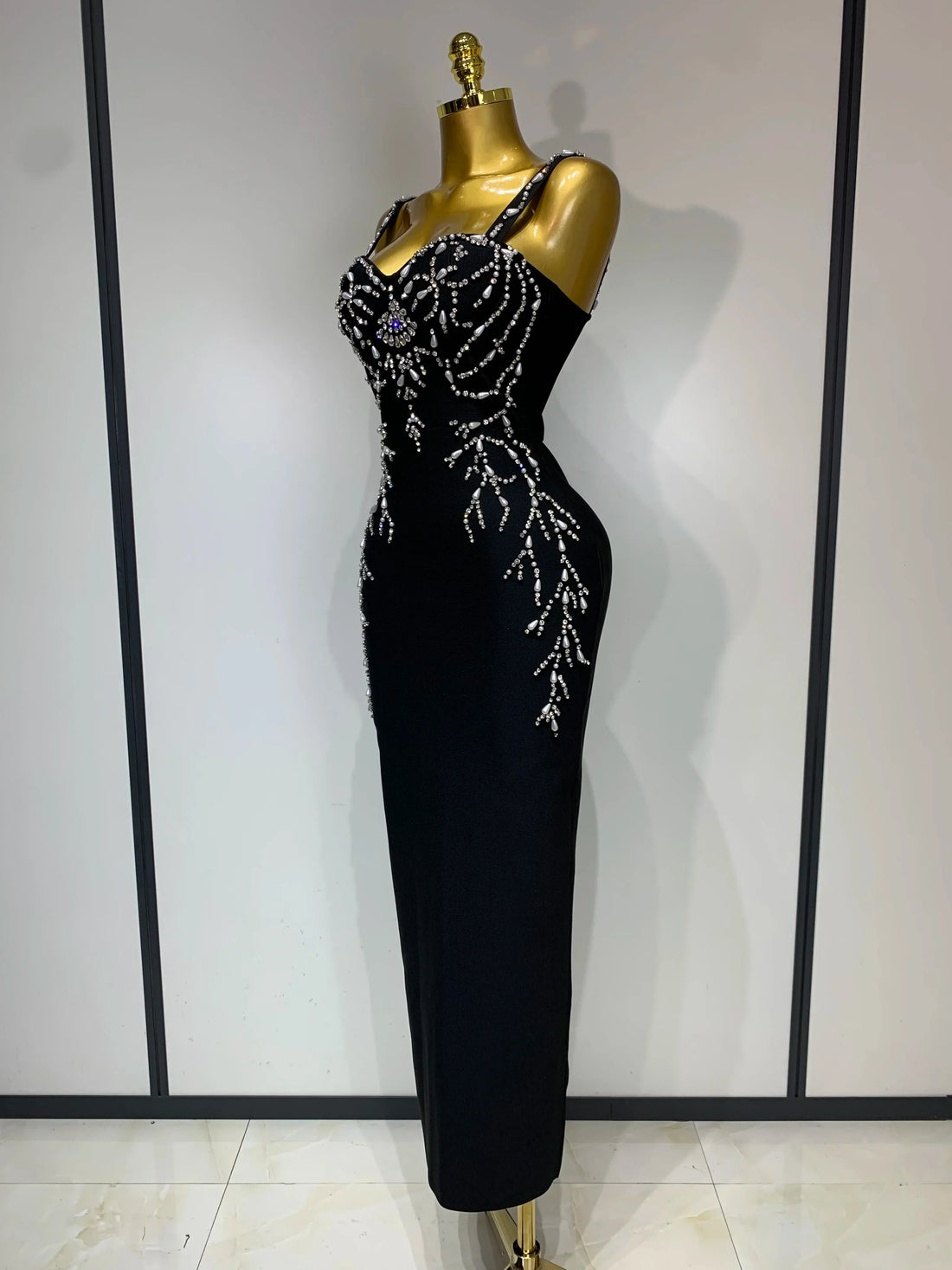 Women Sexy V Neck Black Beading Maxi Long Bodycon Bandage Dress Celebrity Elegant Evening Club Party Luxury Birthday Dress black
