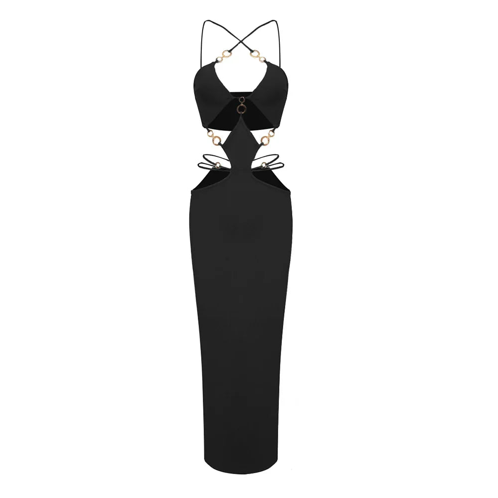 Sexy Hollow Out Halter Long Bandage Dress Fashion‘s Sexy Woman Package Hips Bodycon Dress Summer Vocation Vestido black