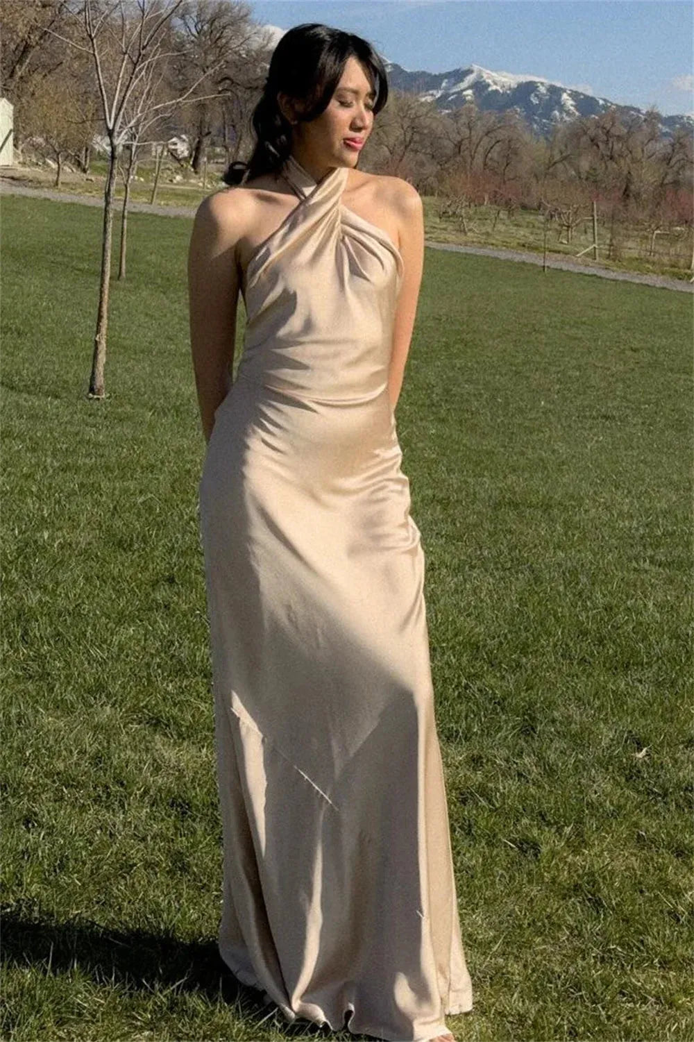 Halter Neck Satin Prom Dresses Mermaid Backless vestidos de noche Elegant Sleeveless Floor-Length Simple Formal Evening Champagne