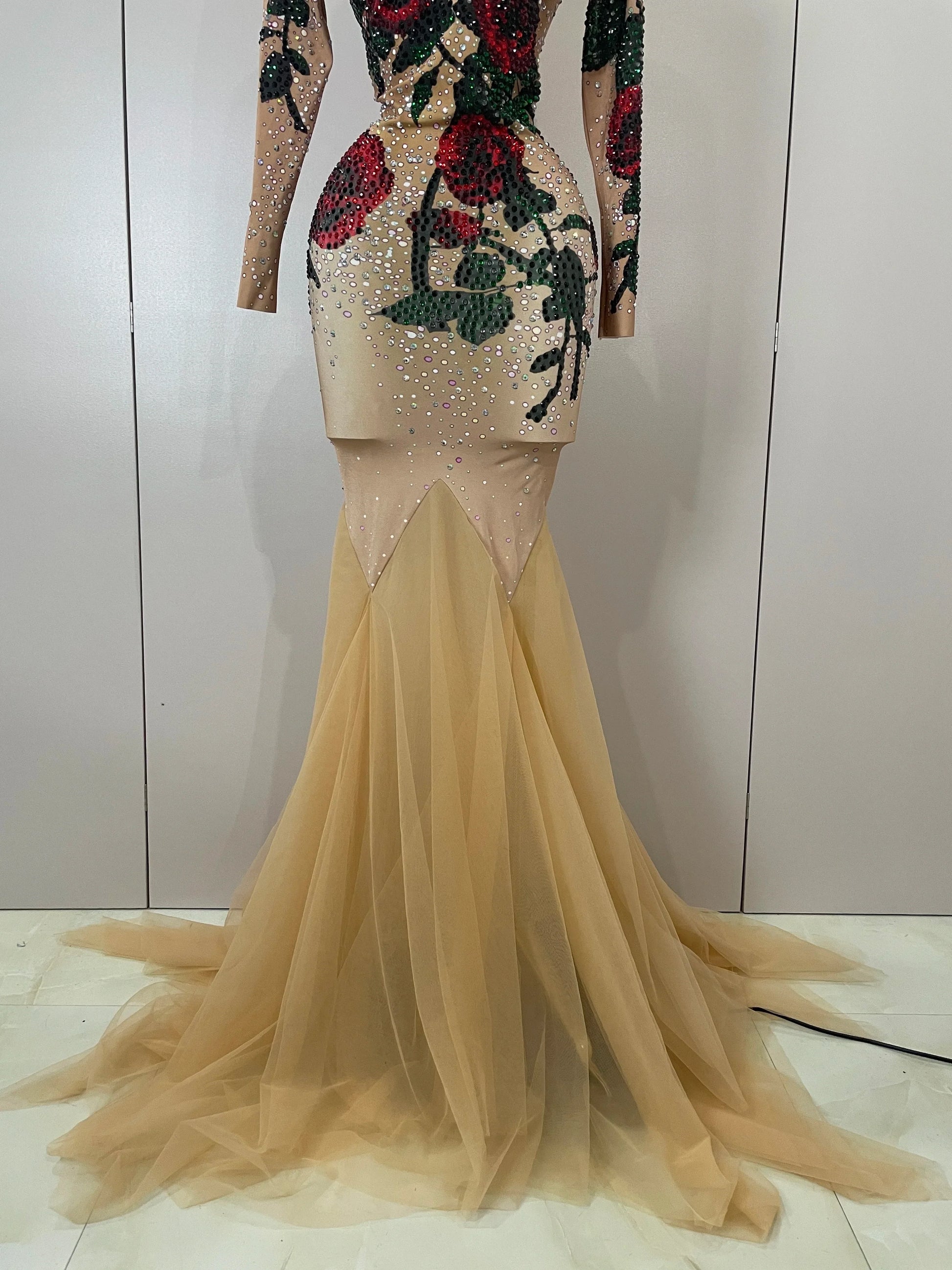 Sexy Shiny Rhinestone Rose Floral Floor-Length Dress Evening Women Eveing Celebrate Birthday Party Nightclub Performance Costume