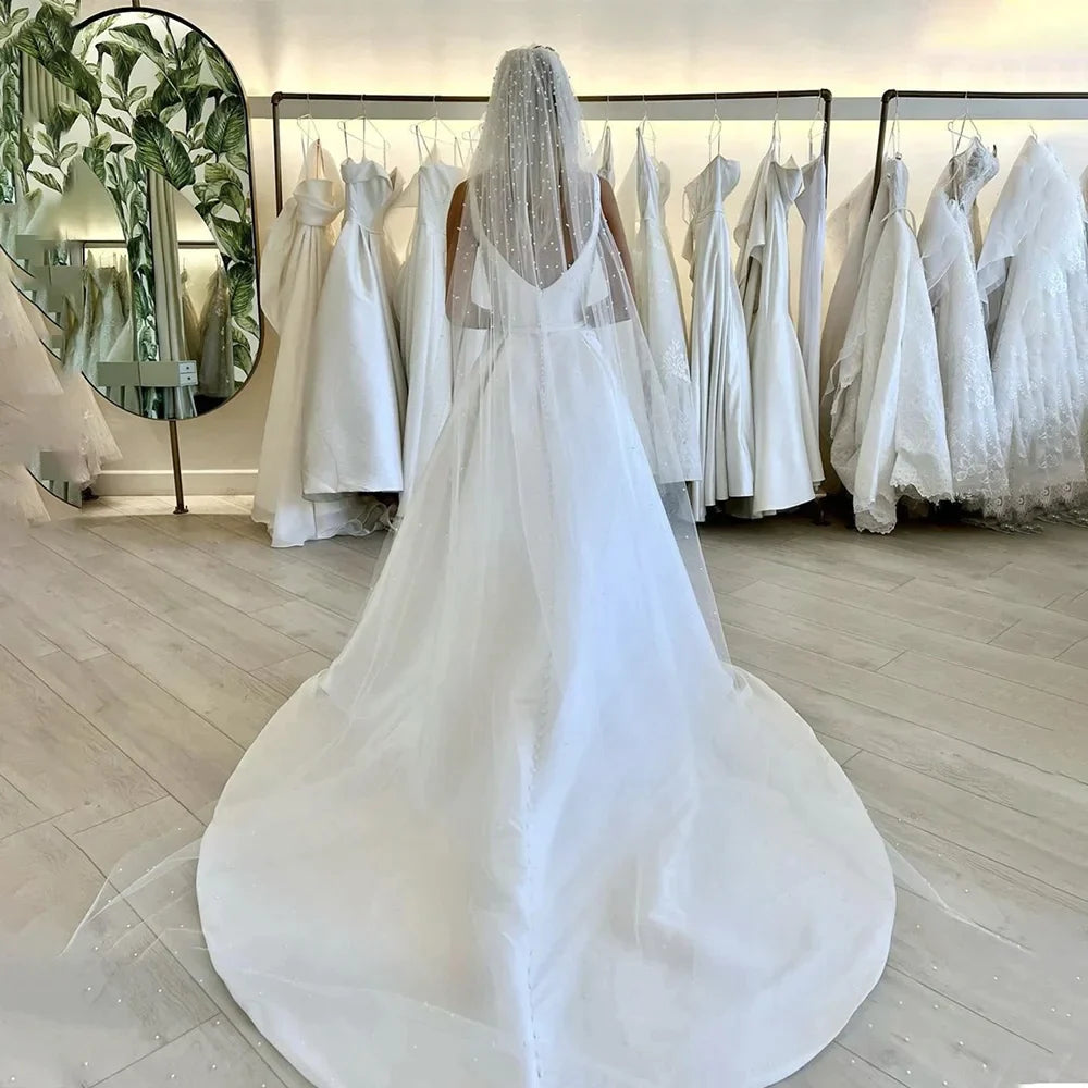 Sederhana Gaun Pengantin Gaun Spaghetti Tali Kerah Square Satin Backless Side Side Slit Gaun Pengantin Vestidos de Novia Custom Dibuat