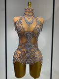 Women Sexy See Through Crystal Bodysuits Luxury Birthday Dancer Stage Performance Wear Mesh Sparkly Rhinestone Nightclub Outfit Silver