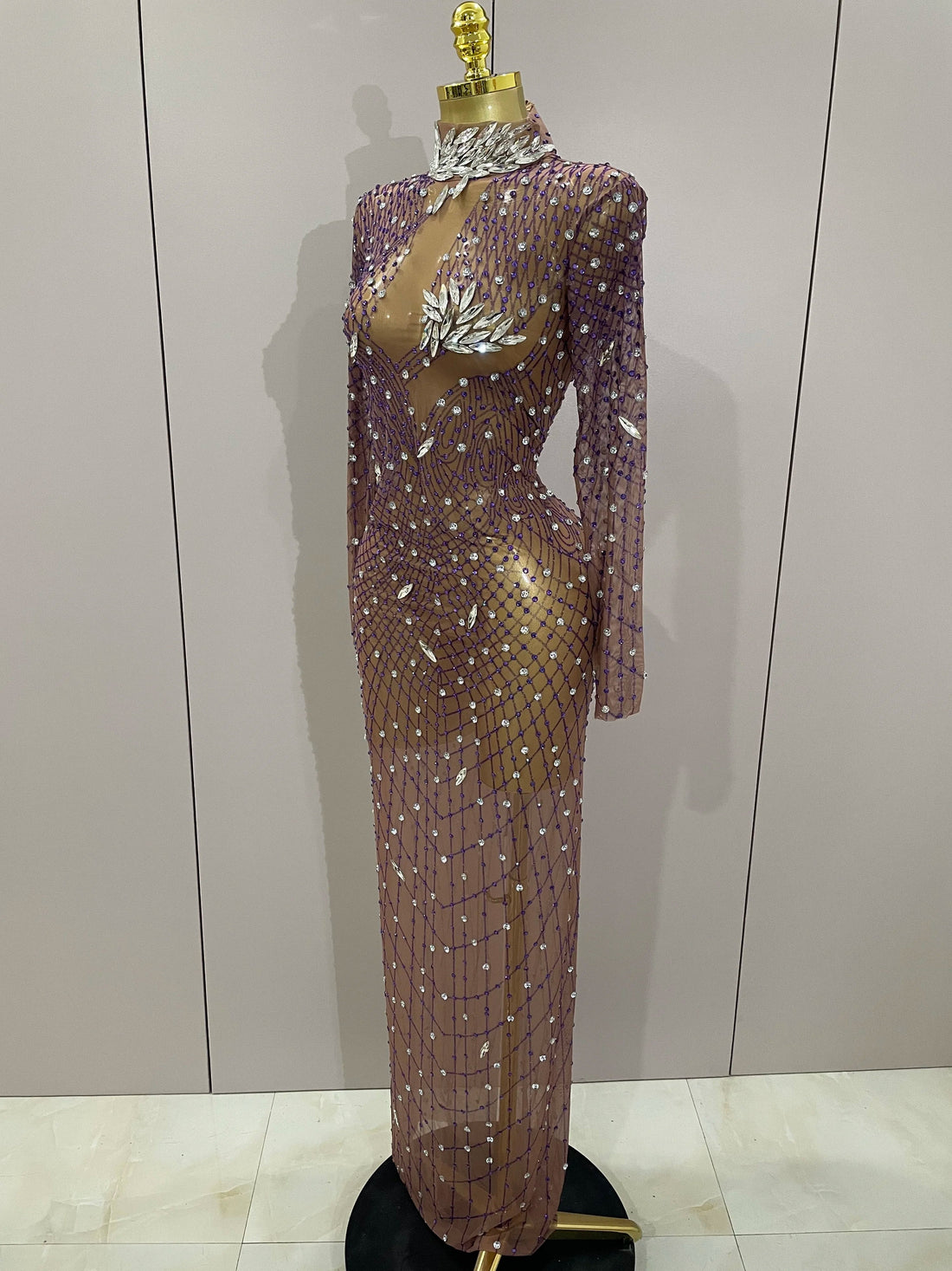 Shining Rhinestones Sexy Mesh See Through Long Dress Women Birthday Celebrate Evening Singer Show Stage Wear Photo Shoot Dress Dark Brown