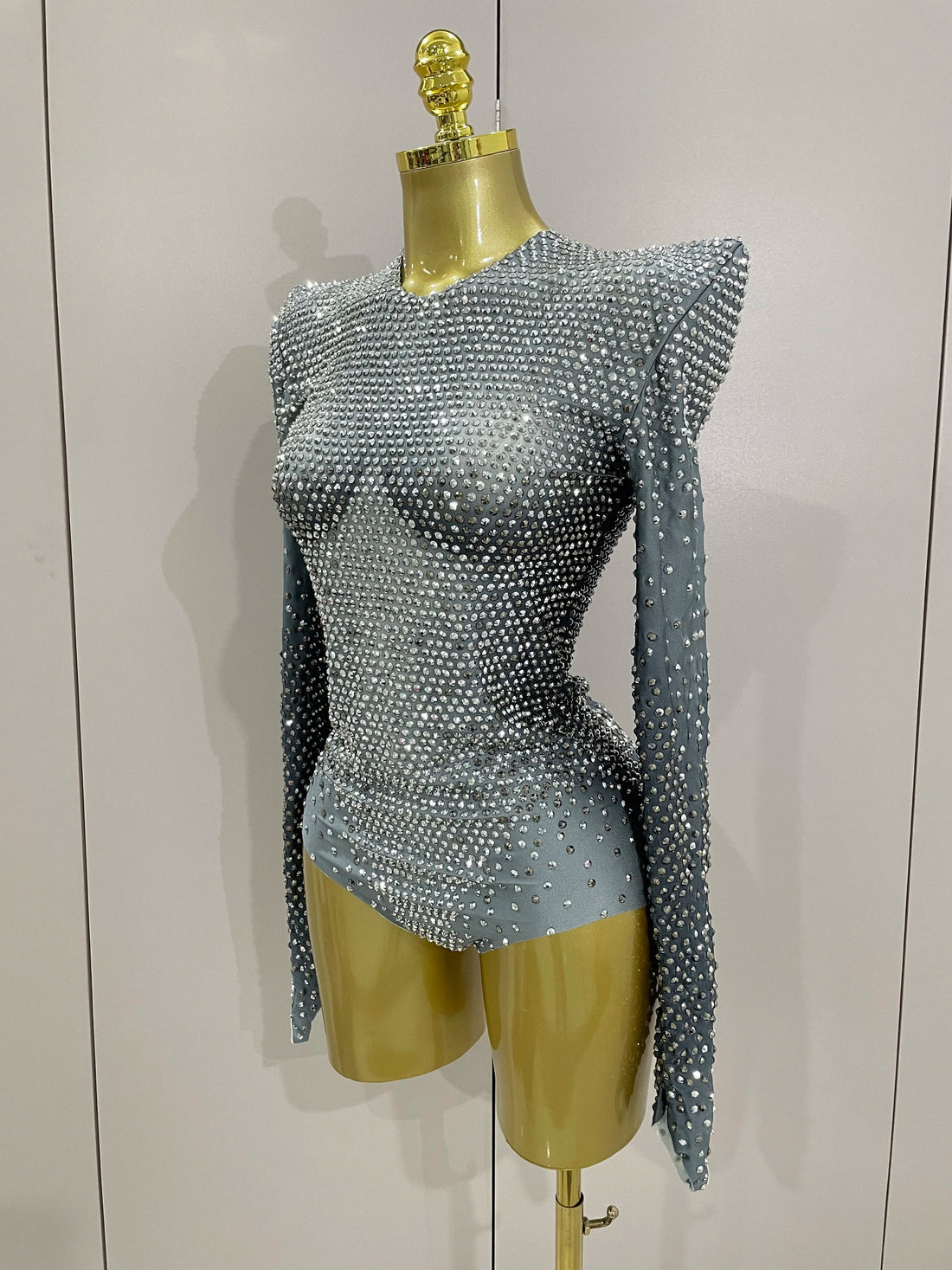 Sparkle Silver Rhinestones Long Sleeve Stretch Bodysuits Women Evening Luxury Birthday Party Sexy Nightclub Stage Costu Silver