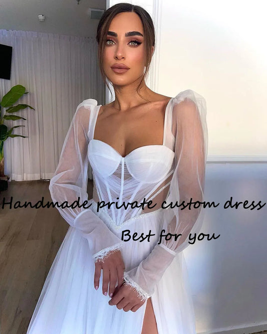 White Tulle A Line Wedding Dresses Long Sleeve Sweethart Sexy Corset Boho Bridal Gowns with Slit Beach Bride Dress with Train