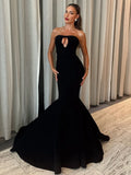 Black Sleeveless Mermaid Bandage Long Dress Sexy Key Hole Open Back Floor Length Court Train Gown Evening Party Wear