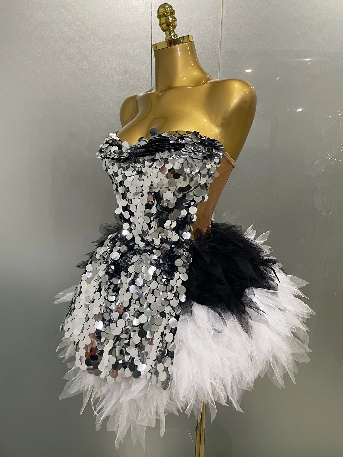 Stage Costume Women's Sparkly Sequin Mesh A Line Top Skirt 2 Pieces Set Nightclub Party Birthday Dress Photo Shoot Wear black