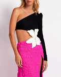 White Beading Flower Sexy One Shoulder Expose waist Black Patchwork Rose Red Mid Calf Dress Elegant Woman Evening Dress
