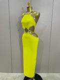 Luxury Sexy Backless Halter Beading Maxi Long Lemon Yellow Bandage Dress Women Elegant Evening Club Birthday Party Dress
