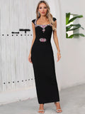 Women Sexy Square Collar Sparkly Crystal Bodycon Bandage Long Dress Birthday Party Celebrate Cocktail Outfit black