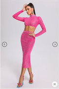 Sparkling square Diamonds Sexy Mesh See Through Top And Skirt Woman Fashion Set High Street Wear Evening Party Outfit