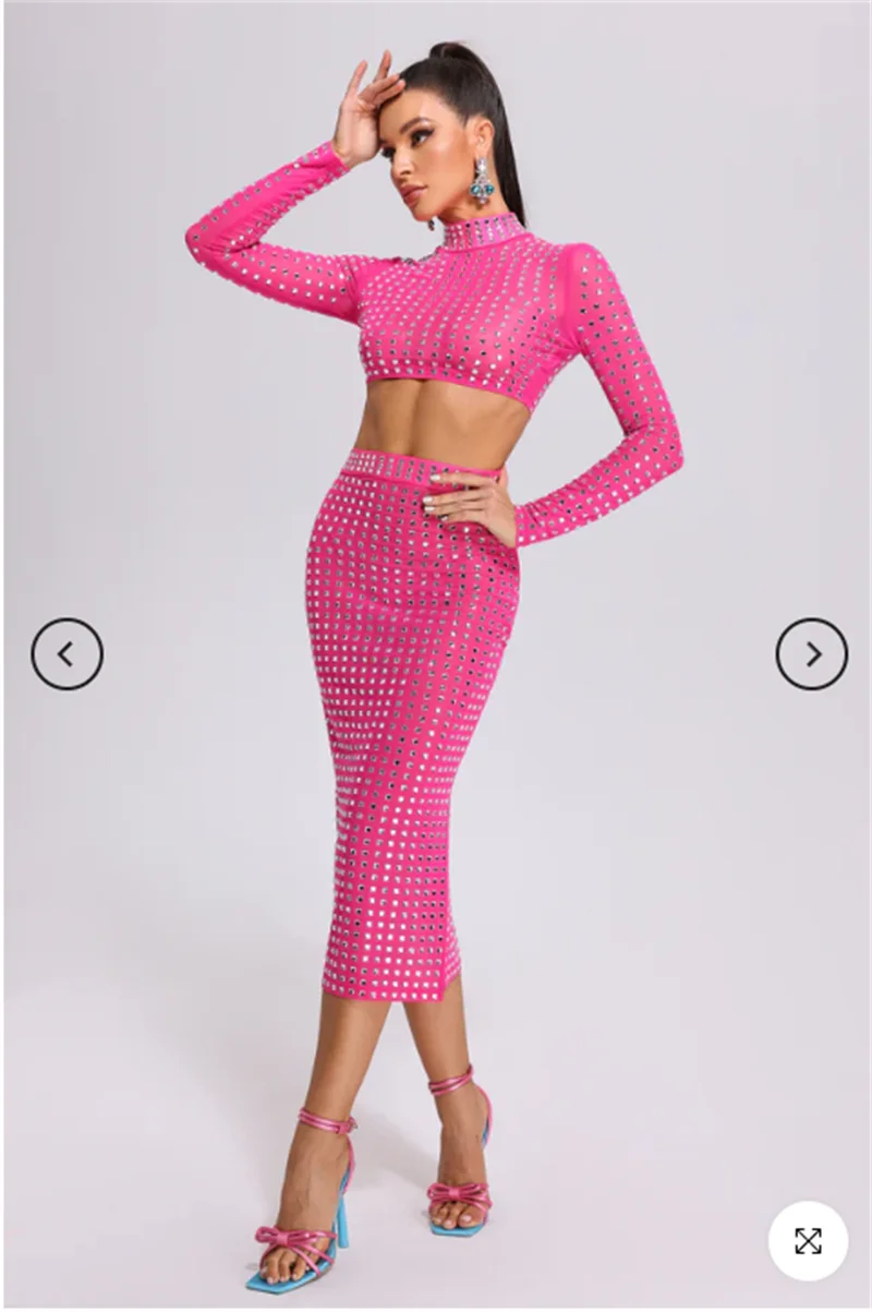 Sparkling square Diamonds Sexy Mesh See Through Top And Skirt Woman Fashion Set High Street Wear Evening Party Outfit