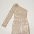 Women's Light Luxury Glitter Dress with Diagonal Collar Single Shoulder Sleeve 3D Flower Decoration Bodycon Long Dresses