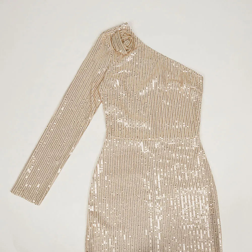 Women's Light Luxury Glitter Dress with Diagonal Collar Single Shoulder Sleeve 3D Flower Decoration Bodycon Long Dresses