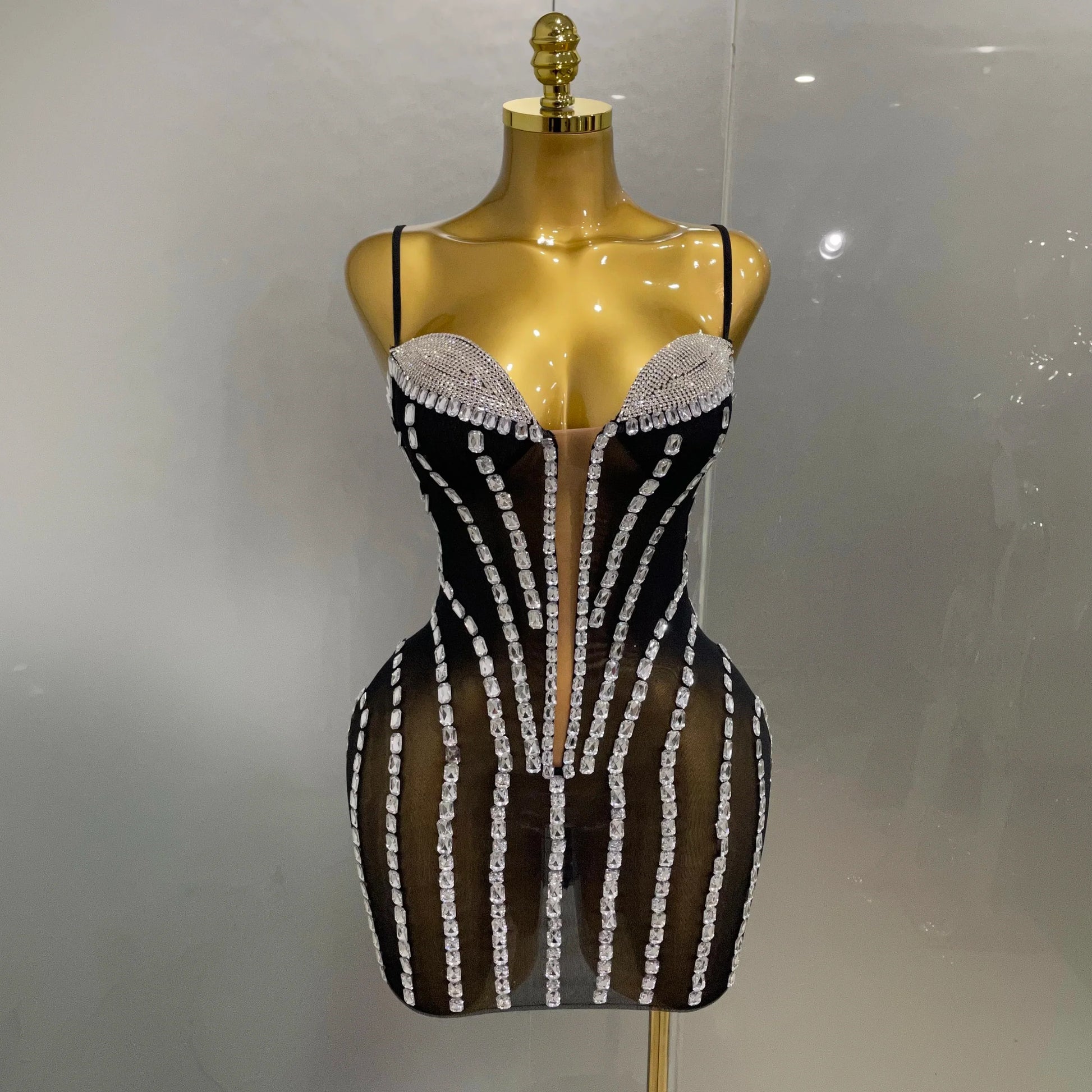 Sexy Sparkly Rhinestones Mesh See Through Short Slip Dress Women Evening Birthday Party Prom Nightclub PhotoShoot Stage Wear black