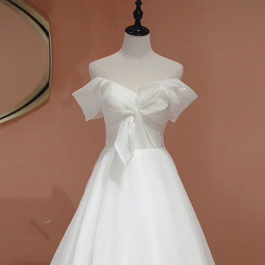 Maxivestidos de boda de satén blanco de lujo con hombros descubiertos para mujer, vestido elegante Vintage con lazo, vestido largo de fiesta