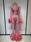 Shiny Diamond Mesh See Through Bodycon Jumpsuit Women Sexy Long Sleeve Performance Singer Costume Nightclub Stage Outfit Pink