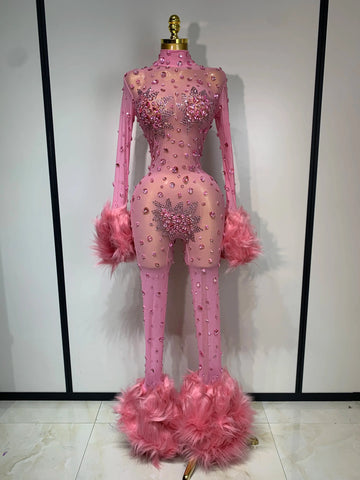 Shiny Diamond Mesh See Through Bodycon Jumpsuit Women Sexy Long Sleeve Performance Singer Costume Nightclub Stage Outfit Pink
