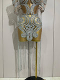 Sparkly Rhinestones Sequins Sexy Mesh Tassels Cape Short Dress Women Evening Birthday Party Nightclub Stage Costume