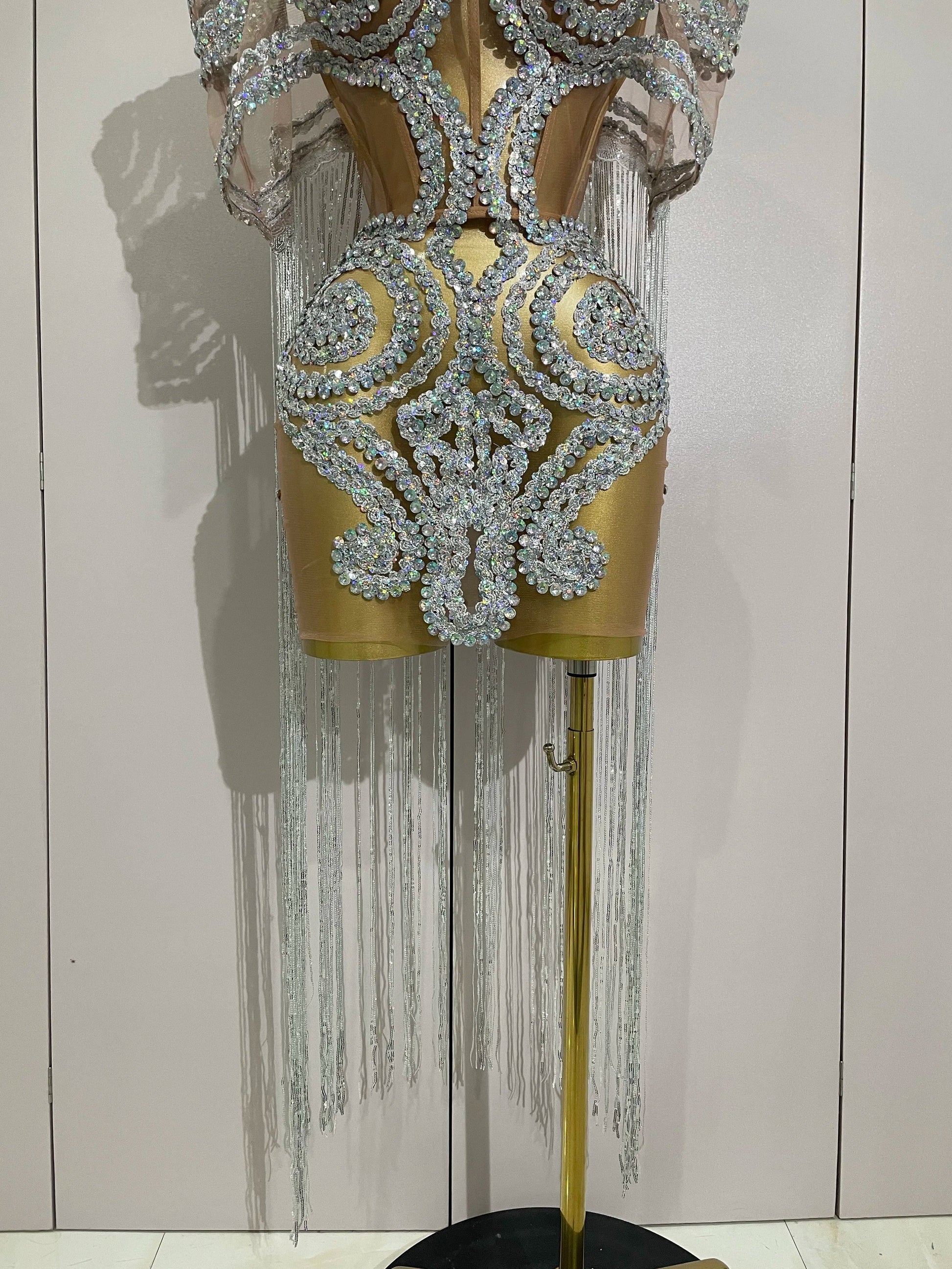 Sparkly Rhinestones Sequins Sexy Mesh Tassels Cape Short Dress Women Evening Birthday Party Nightclub Stage Costume