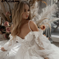 חלום מחוץ לכתף תחרה נצנצים טול שמלות כלה שרוול נפיחות ארוך פרחי 3D פרחים בוהו כלה שמלת vestidos de novia