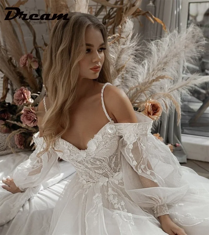 חלום מחוץ לכתף תחרה נצנצים טול שמלות כלה שרוול נפיחות ארוך פרחי 3D פרחים בוהו כלה שמלת vestidos de novia