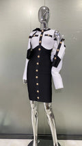 s Fashionable Women's Bandage Set Golden Buttons White Patchwork Black Coat And Sleeveless Bodycon MIini Dress