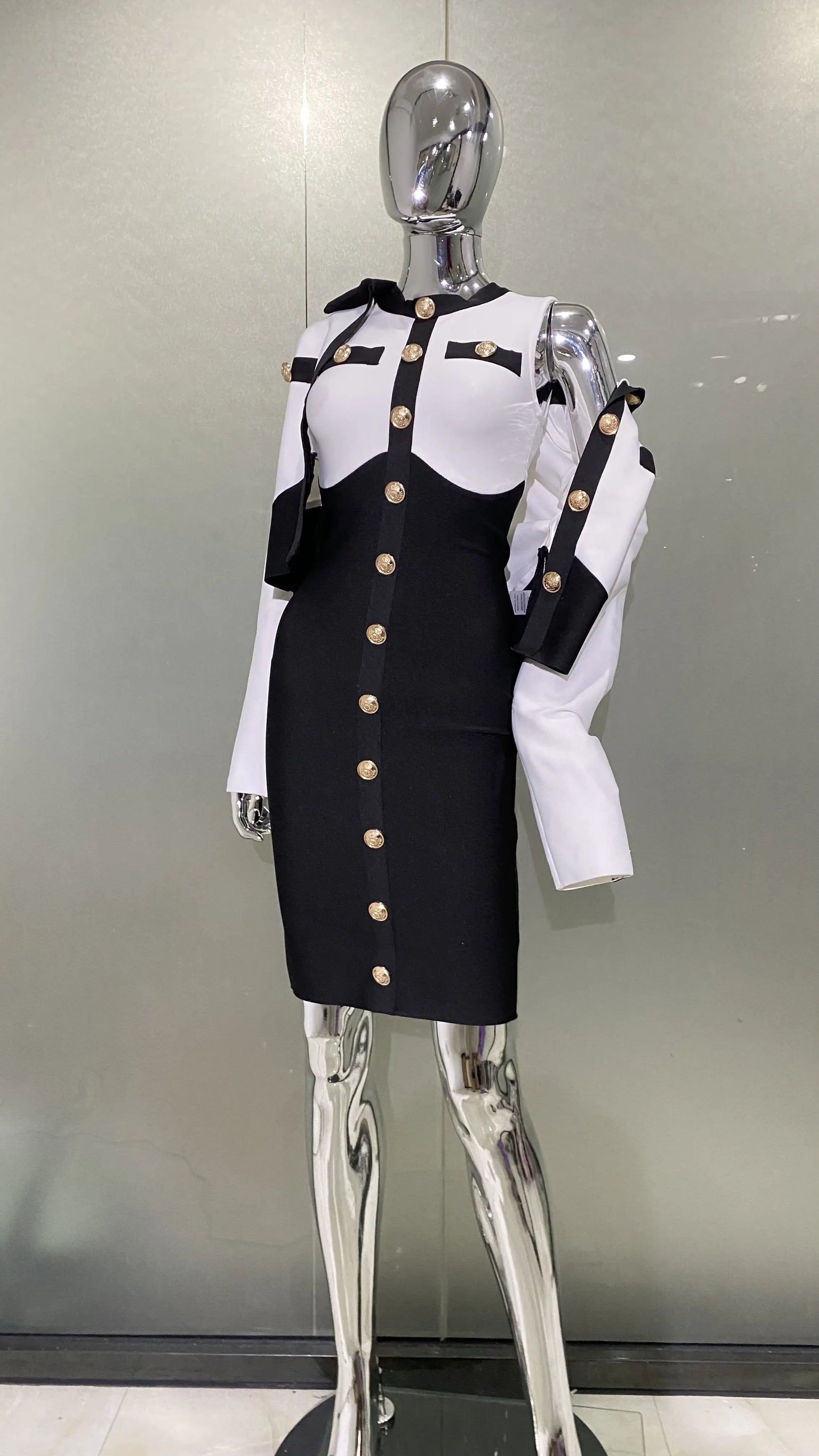 s Fashionable Women's Bandage Set Golden Buttons White Patchwork Black Coat And Sleeveless Bodycon MIini Dress