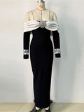 Sexy Women's Light Luxury Patchwork Nail Diamond Design Bandage Dress One Collar Shoulder Long Sleeve Bodycon Long Dresses