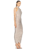 Halter Neck Backless Diamonds Long Dress For Women Sleeveless Folds Slim Formal Elegant Celebrity Cocktail Party Gown Vestido