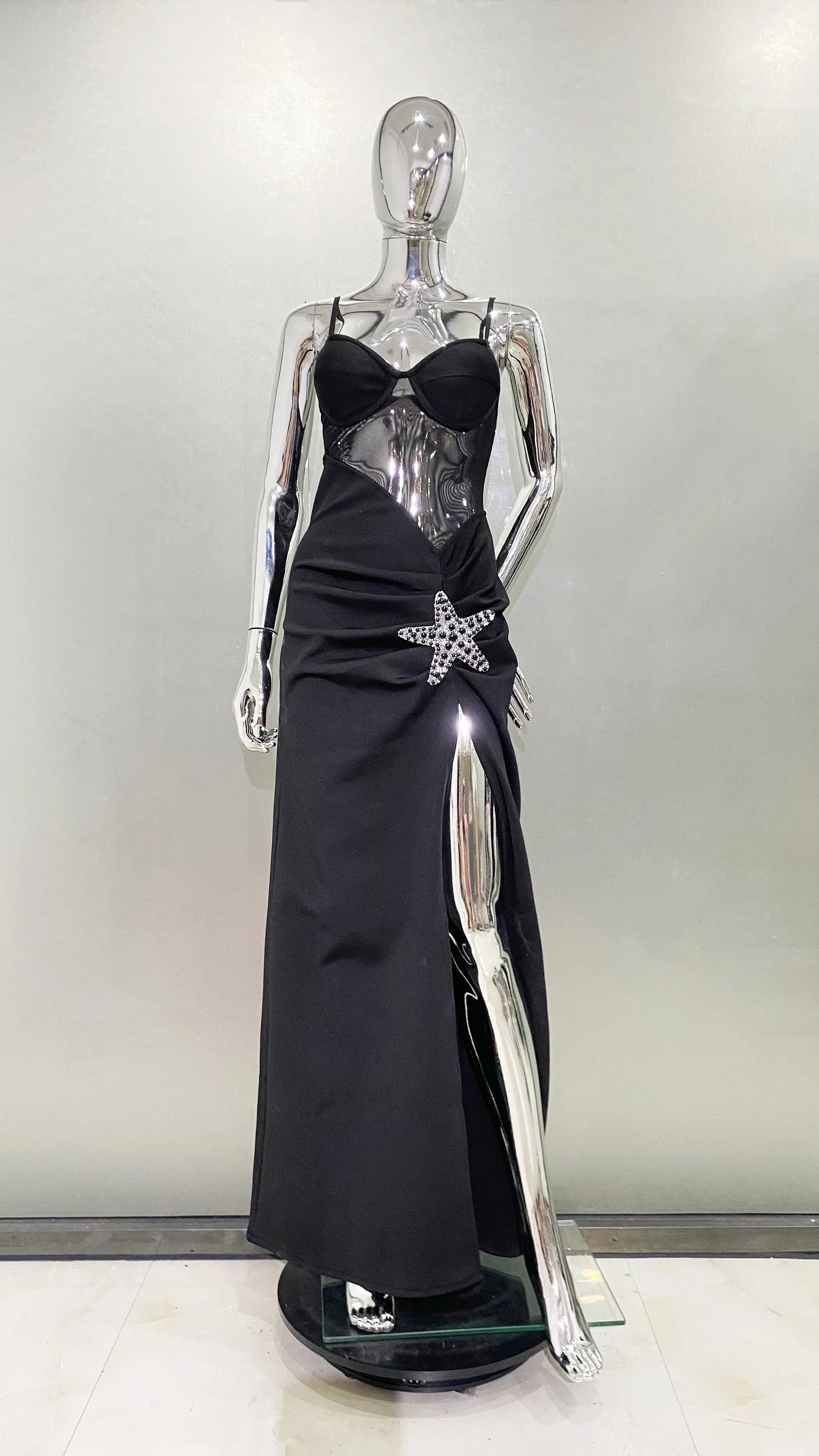 Starfish Sexy See Through Mesh Patchwork Bandage Spaghetti Strap Floor Length Dress Evening Dress Celebrity Party Outfit black