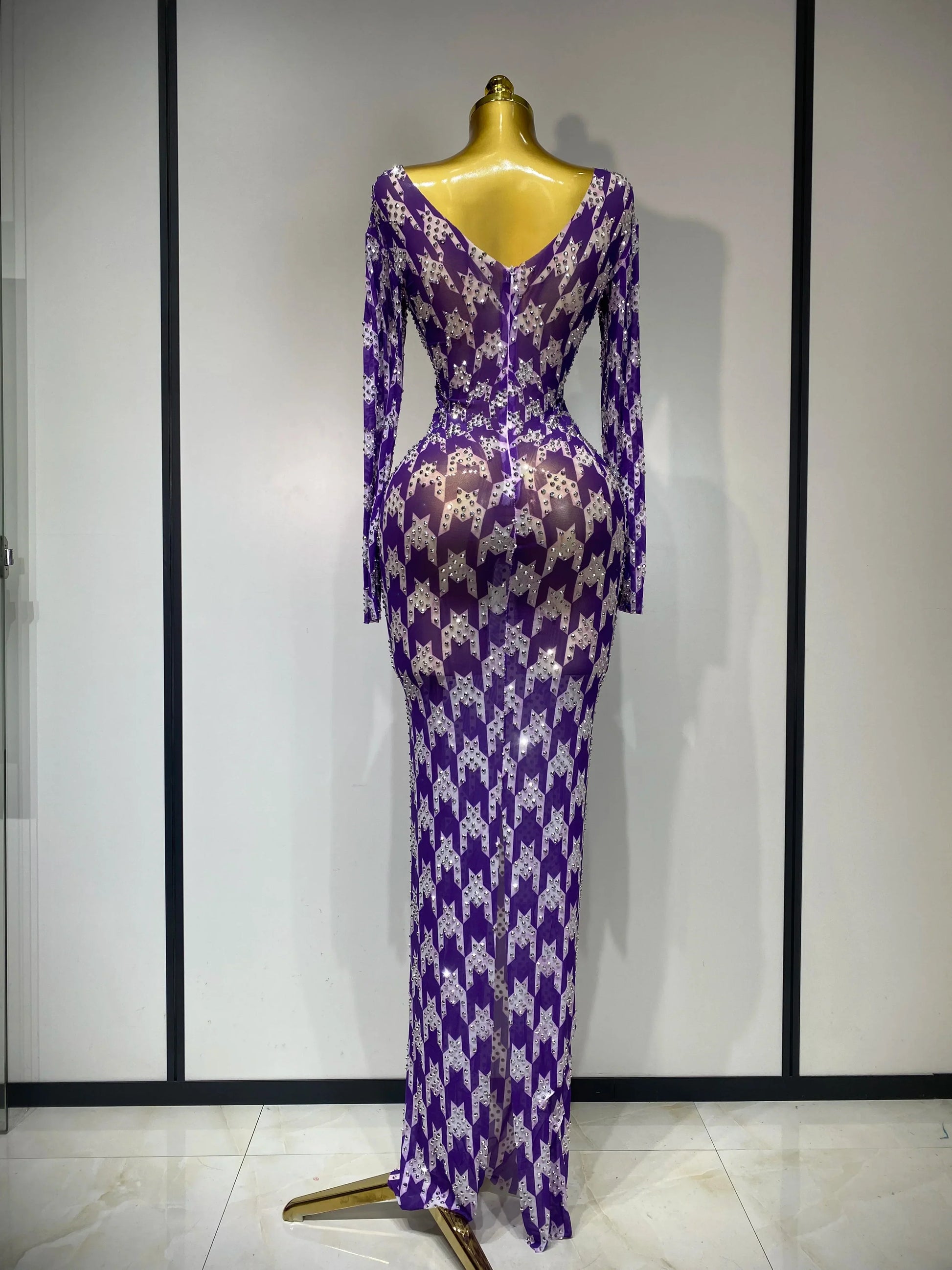 Sparkly Rhinestone Stretchy Mesh See Through Dress Women Performance Dancer Costume Luxury Birthday Nightclub Stage Outfit