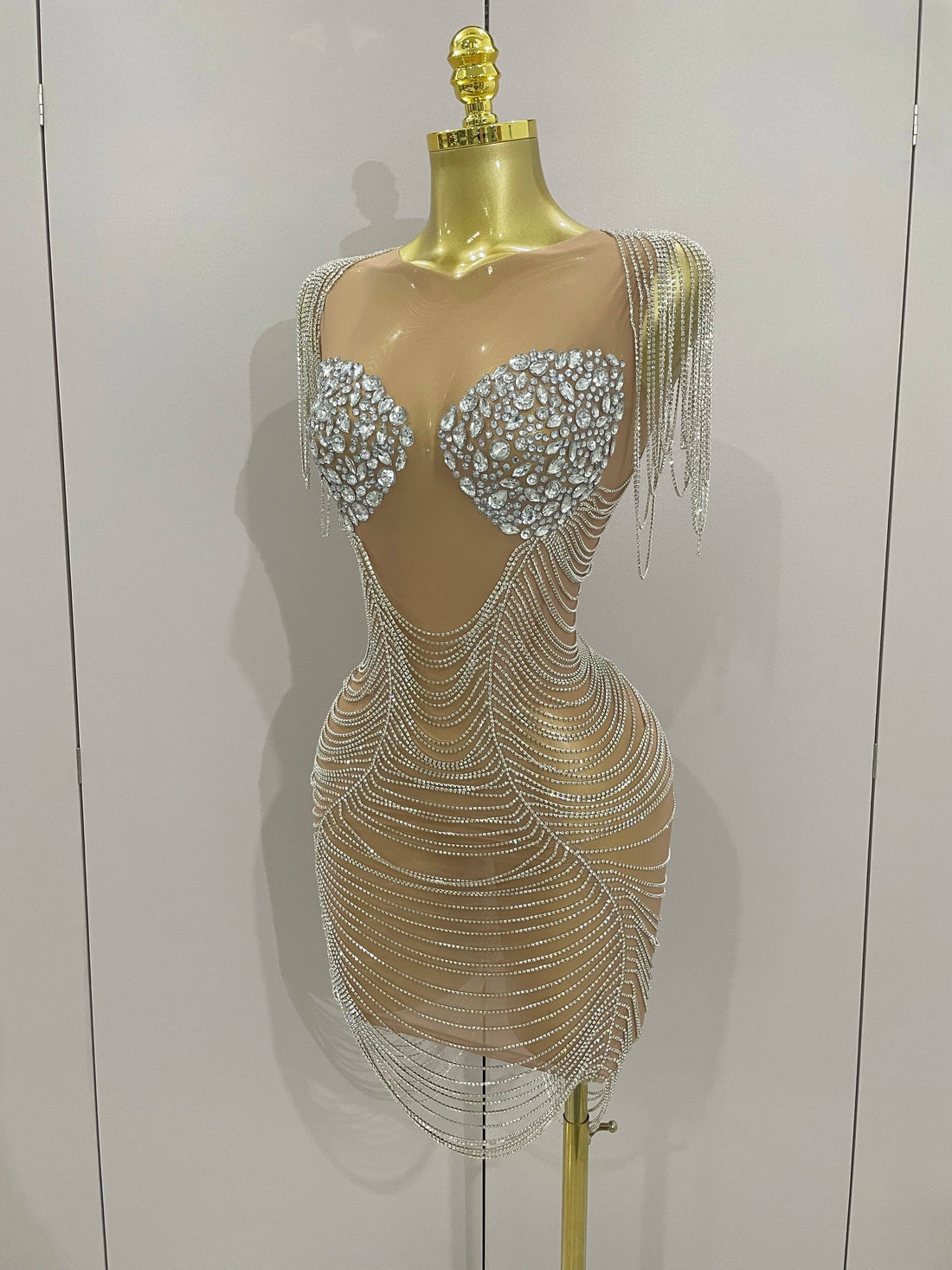 Sparkly Diamonds Crystal Sexy Mesh See Through Mini Dress Women Birthday Party Club Celebrate Stage Performance Costume Silver