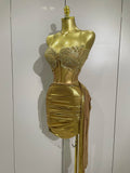 Sparkly Gold Sexy Top Two Pieces Short Skirt Set Women Celebrate Birthday Dress Party NightClub Dancer Show Stage Outfit