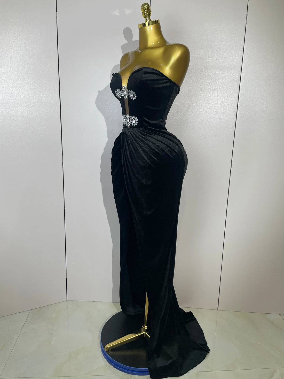 Sparkly Rhinestones Mesh Sexy Split Velvet Gloves Long Dress Women Birthday Celebrate Wedding Gown Stage Photo Shoot Wear black