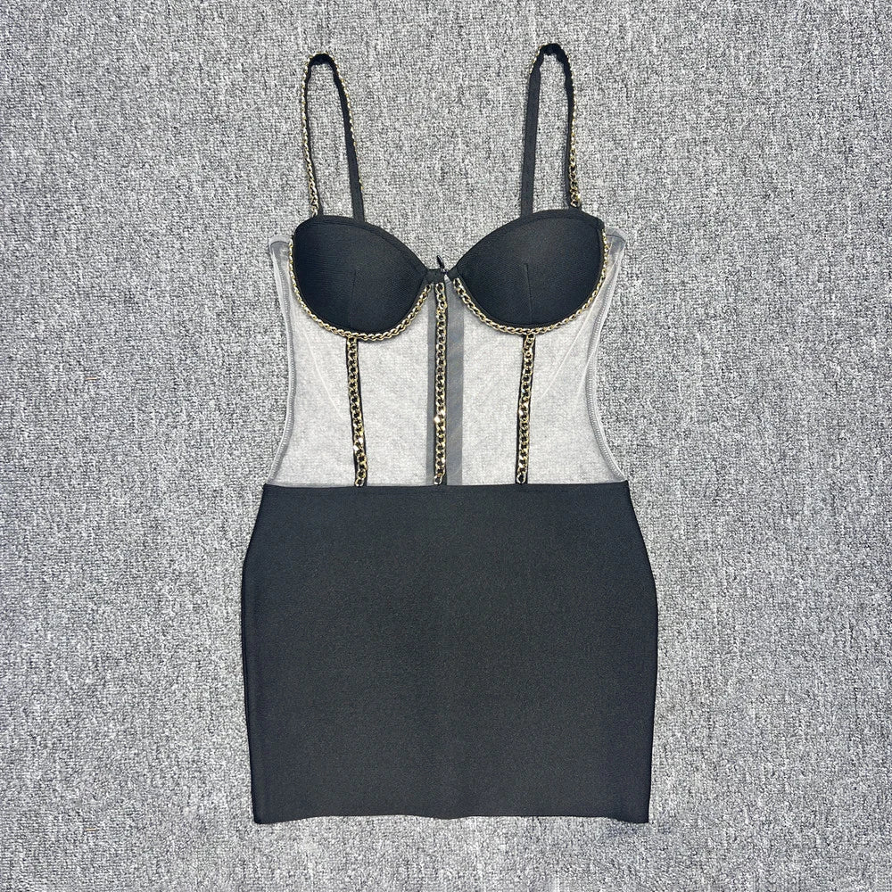 Black Bandage Short Dress Women Fashion Summer Sexy Spaghetti Strap Mesh Patchwork Perspective Mini Dress black
