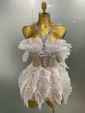 Sexy Shining Gold Crystal Transparent Wings Mini Dress Women Birthday Party Bar Nightclub Singer Stage Performance Costume WHITE