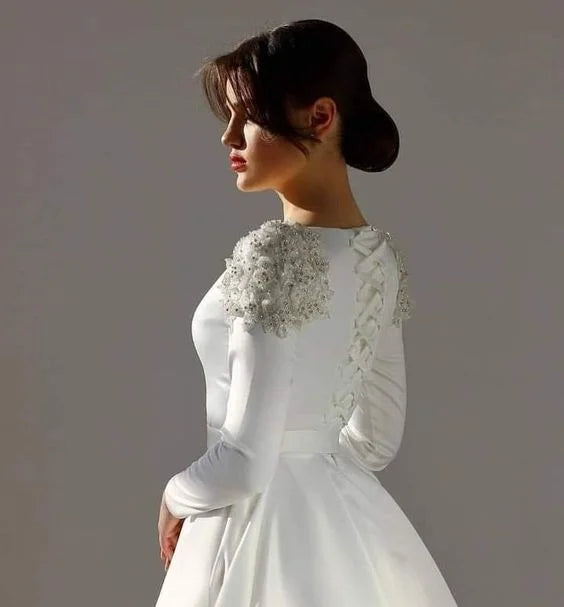 Vestidos De Novia musulmanes De marfil elegantes, Vestidos De Novia De lujo con cuentas, flores De satén, Vestidos De Novia sencillos Vintage De manga larga 