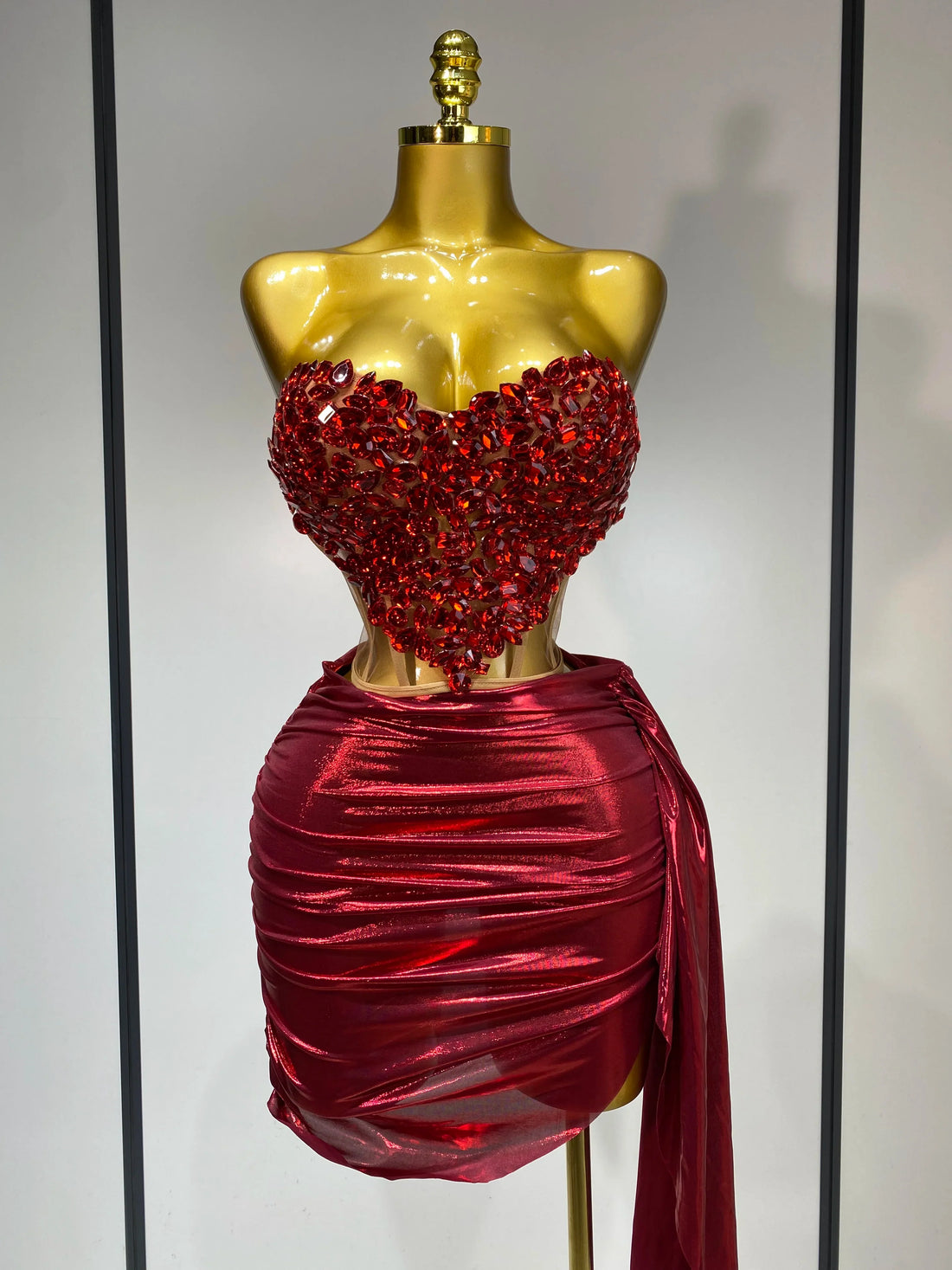 Sparkly Red Diamond Sexy Top Two Pieces Set Women Celebrate Party Luxury Birthday Nightclub Performance Dancer Stage Outfit Red