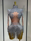 Women Long Sleeve Sexy Stretch Bodycon Shinning Tassels Rhinestones Bodysuit Celebrate Birthday Club Evening Party Stage Outfit Silver