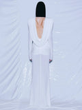White Swinging Collar Long Dress For Women Ruched High Waist Long Sleeves Slim Elegant Evening Party Gowns