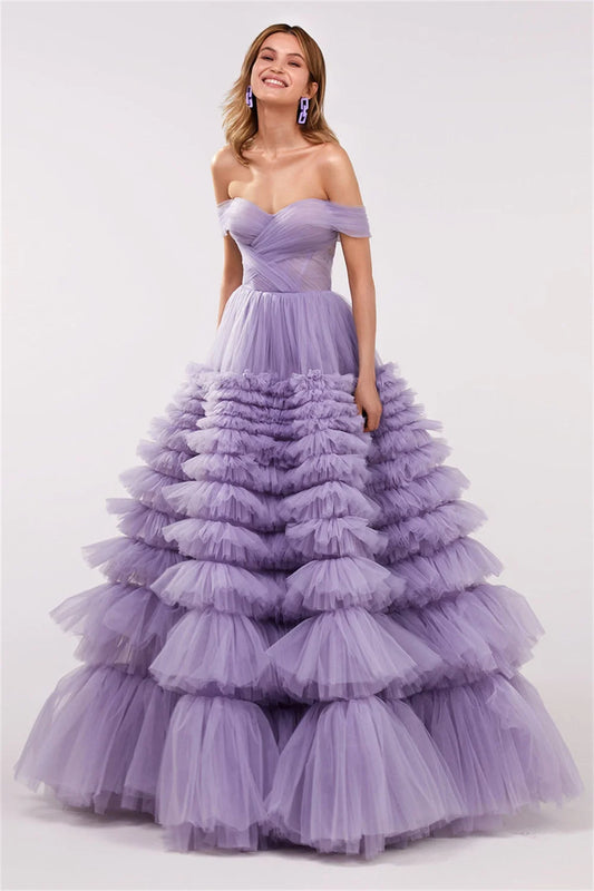 Vestido De Fiesta De tul con forma De pastel De lavanda malla multicapa con hombros descubiertos vestido De Fiesta sin mangas