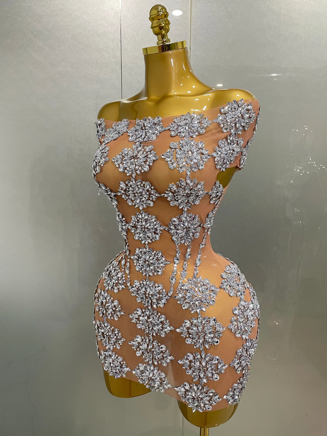 Luxury Sparkly Rhinestone Mesh Mini Dress Women Sexy Nightclub Party Dance Performance Costume Singer Dancer Show Stage Wear Silver