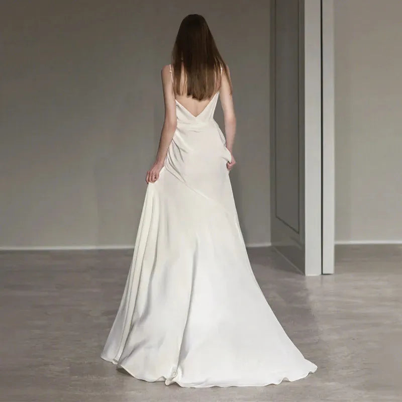 White Satin Prom Evening Dresses for Women Summer Sexy Suspender Backless Formal Wedding Party Dress Bride Trailing vestido White