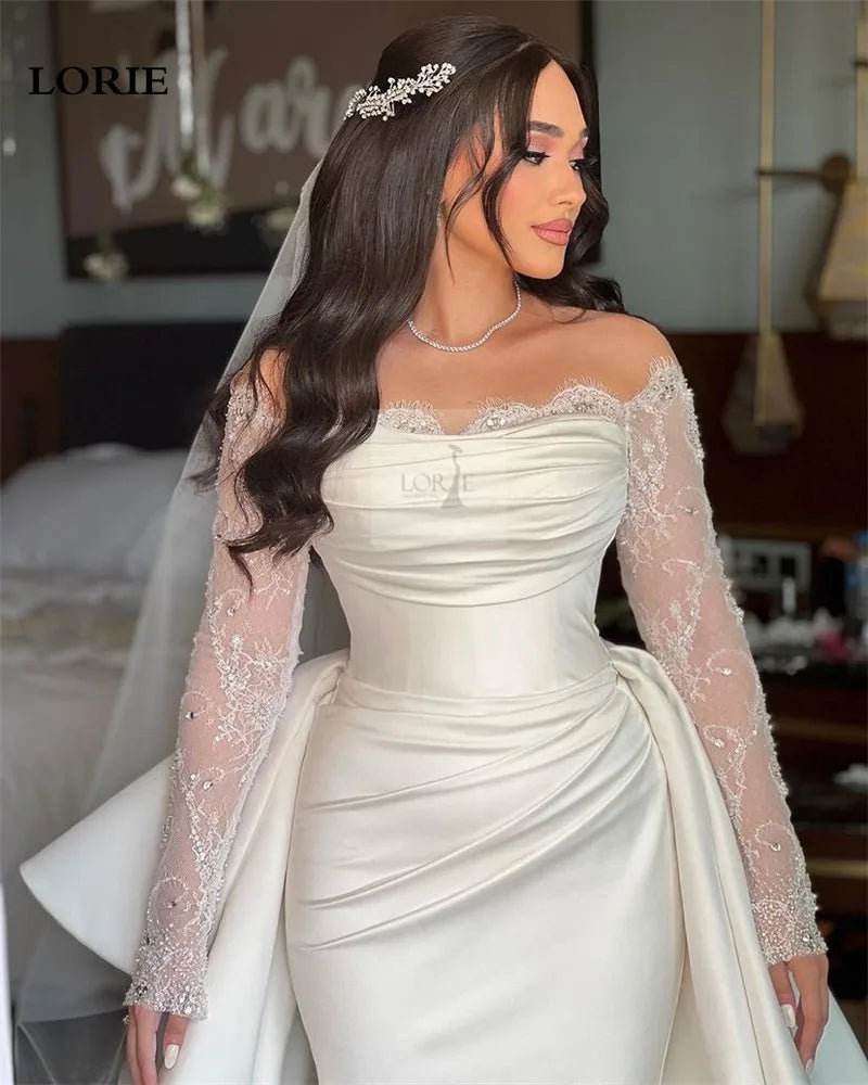 Gaun pengantin putri duyung gading dari bahu gaun pengantin renda lengan panjang vestidos de novia gaun pengantin putri