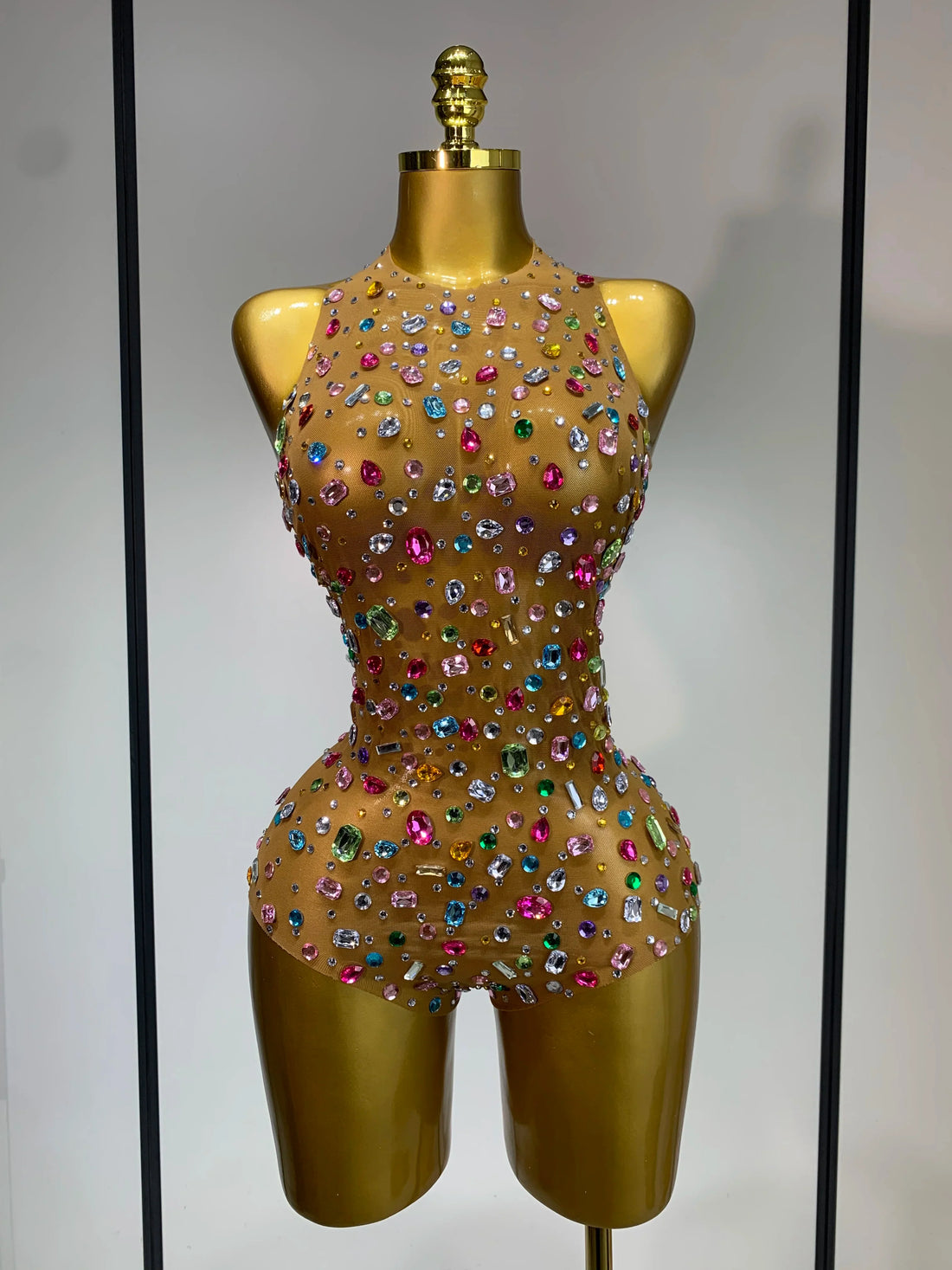 Sparkly Rhinestones Mesh See Through Bodysuit Women Sexy Backless Performance Dance Costume Celebrity Nightclub Stage Outfit Light Brown