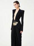 Black Deep V Plunge Long Dress Bead Sequins Butterfly Details Long Sleeves Slim High Slit Pleated Bodycon Party Evening Gowns