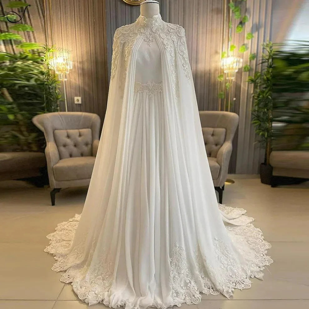 Dubai Muslim Wedding Gowns for Bride Pearls Chiffon Appliques Arabic Bridal Dress with Cape Long Sleeves Vestidos Novias Boda