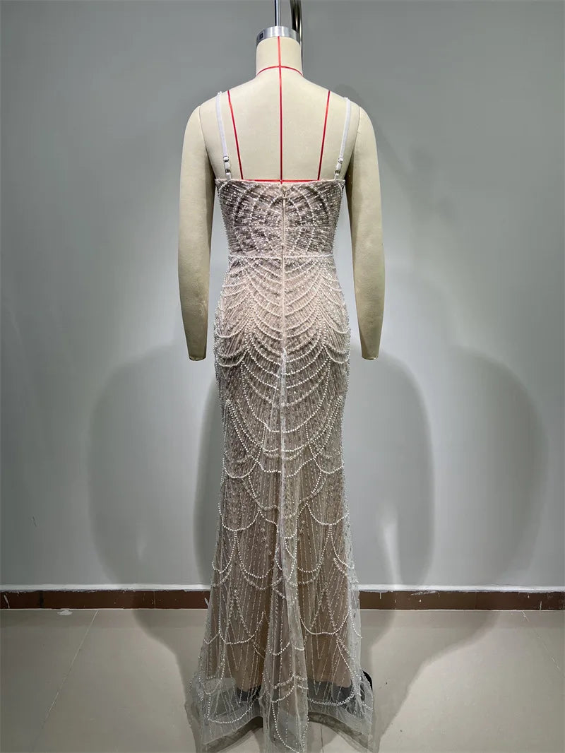 Luxury Pearl Beading Haute Couture Sexy V-Neck Floor Length Dress Woman Birthday Party Dress Wedding Party Goddess Vestido